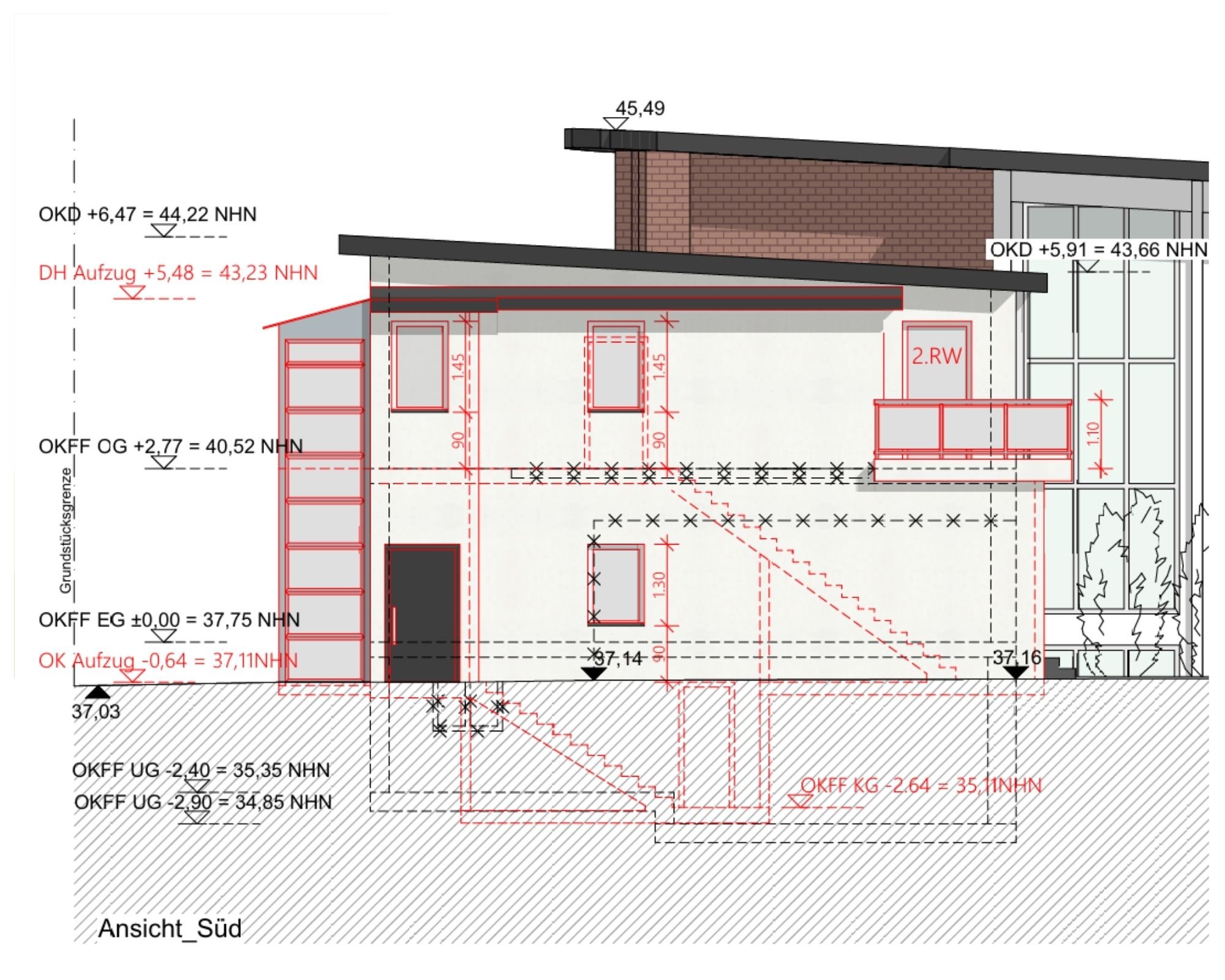 Architekturplanung mit Darstellung bestehender und neuer Gebäudeteile